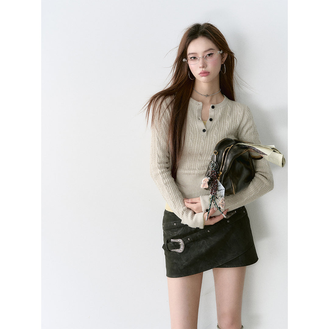 Via Pitti Irregular Rose Rivet Leather Skirt Black