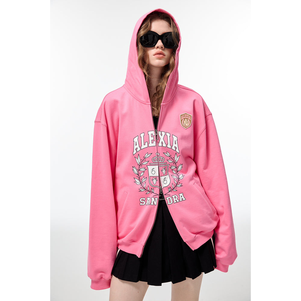 Alexia Sandra Printed Drop Shoulder Zip Up Hoodie Pink - Mores Studio