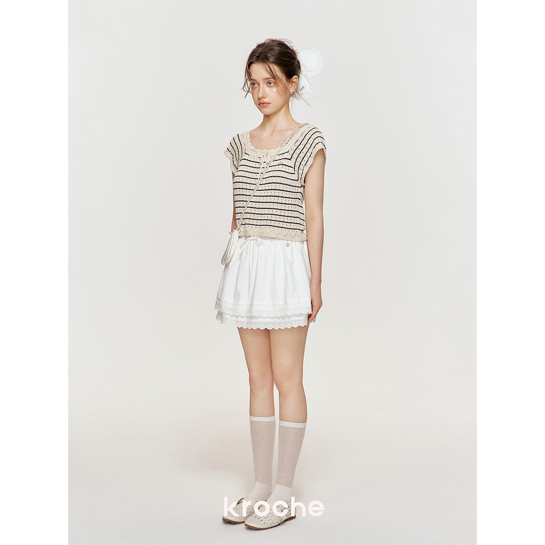 Kroche Hollow Out Lace Up Striped Knitted Top