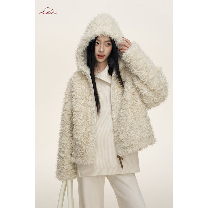 Liilou Fur Integrated Curly-Fur Hooded Woolen Fleece Jacket