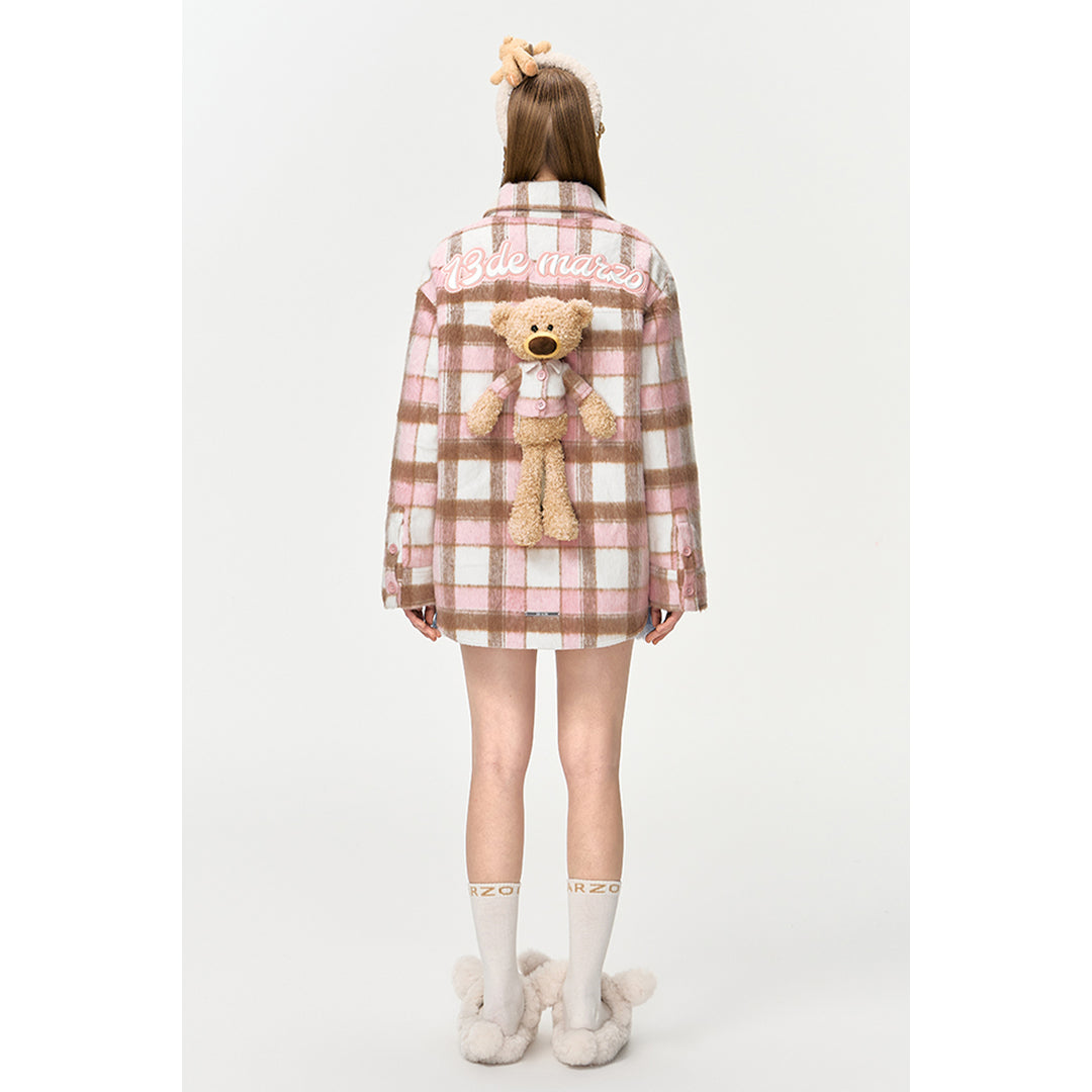 13De Marzo Plush Bear Plaid Furry Shirt Pink