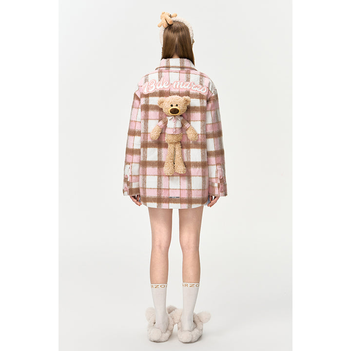 13De Marzo Plush Bear Plaid Furry Shirt Pink