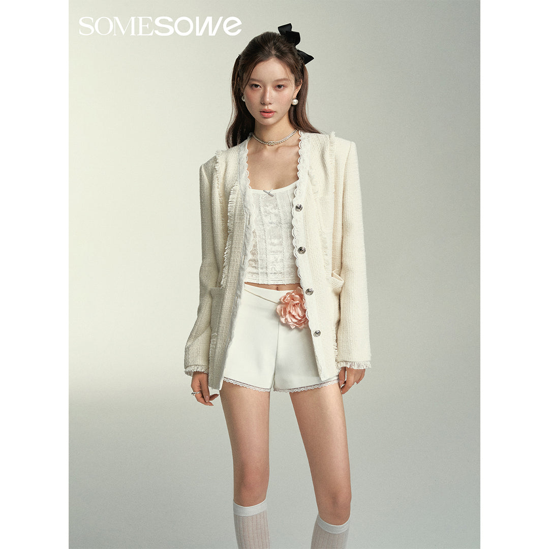 SomeSowe Lace Edge V-Neck Tassel Blazer White