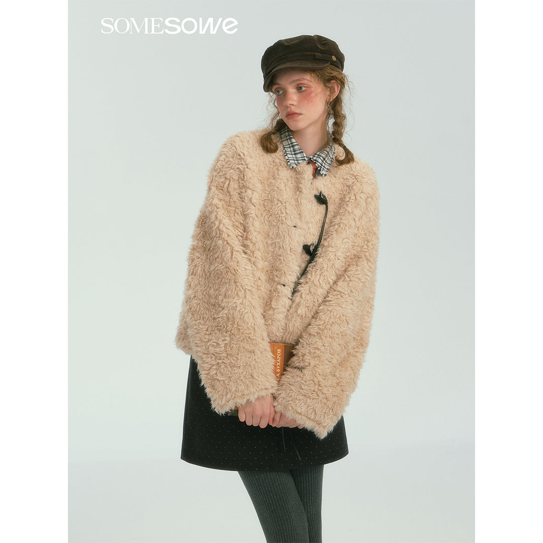 SomeSowe Tassel Horn Button Furry Jacket Beige