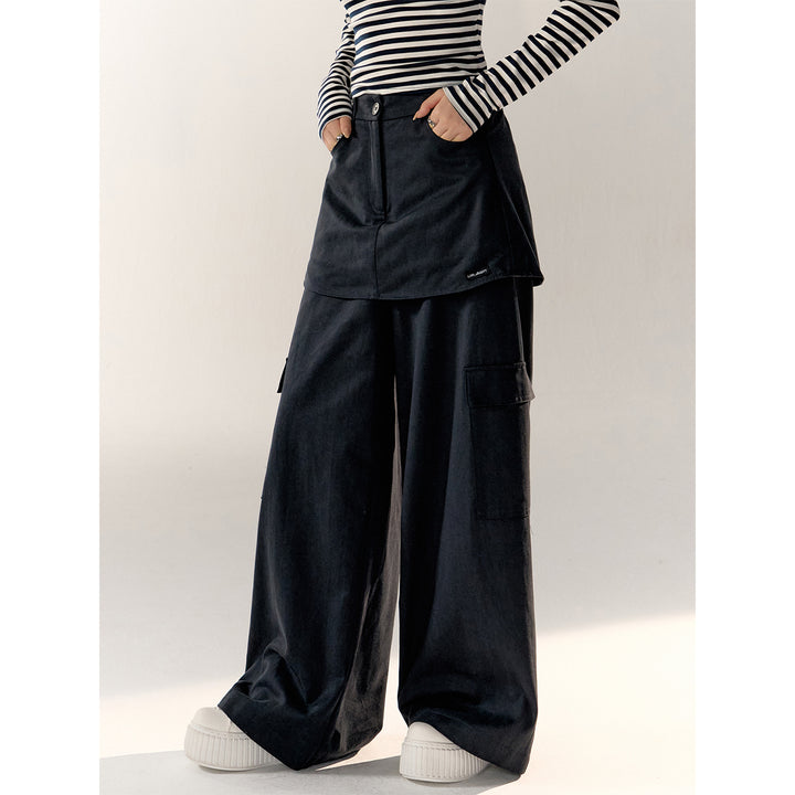 AsGony Fake-2-Piece Wide-Leg Casual Cargo Pants Navy Blue