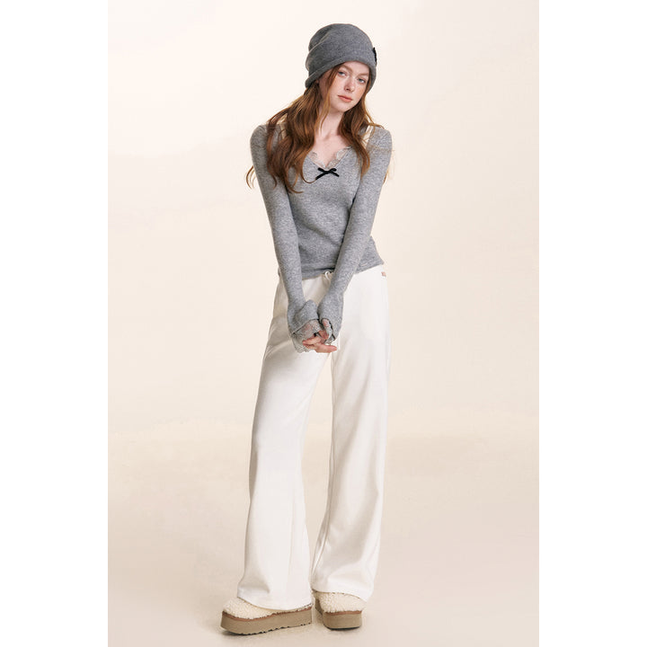 Kroche Drawstring High Waist Wide-Leg Casual Pants White