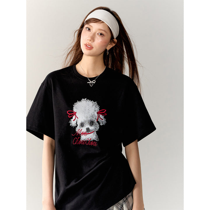 AsGony Puppy Printed Straight Shoulder T-Shirt Black