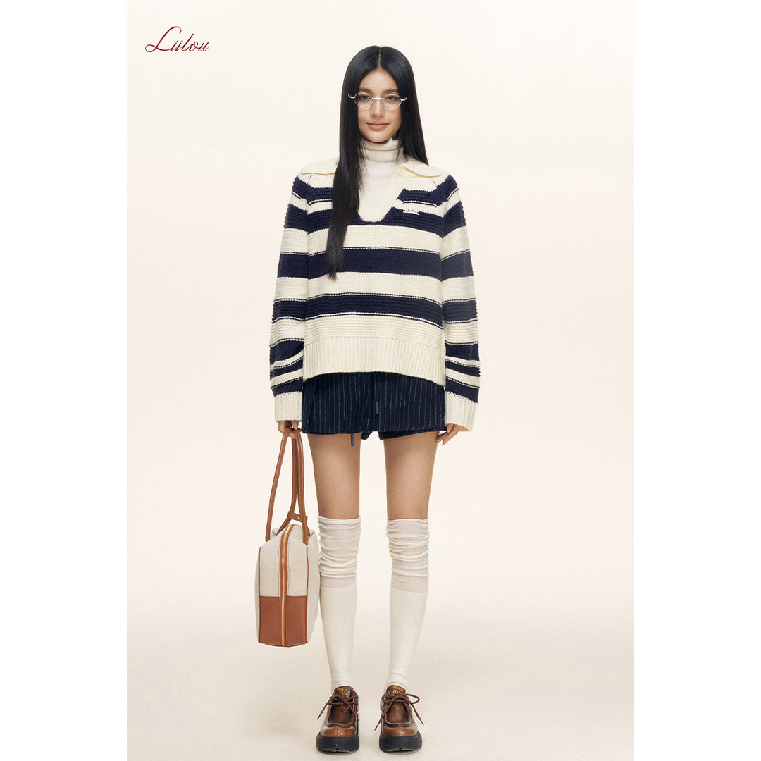 Liilou Contrast Color Striped Lapel V-Neck Knit Sweater