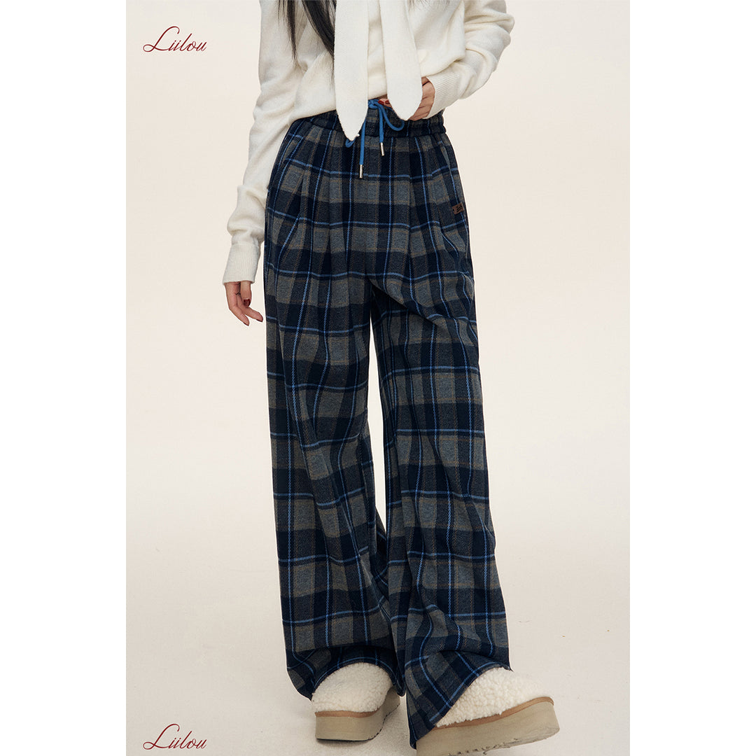 Liilou Contrast Color Plaid Tweed Thicken Casual Pants