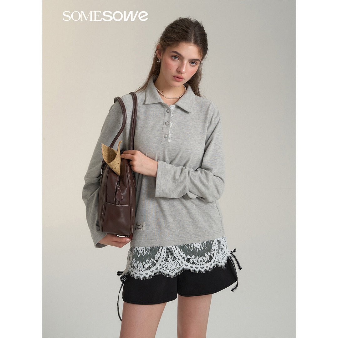 SomeSowe Lace Patchwork Polo Long Sleeve T-Shirt Gray