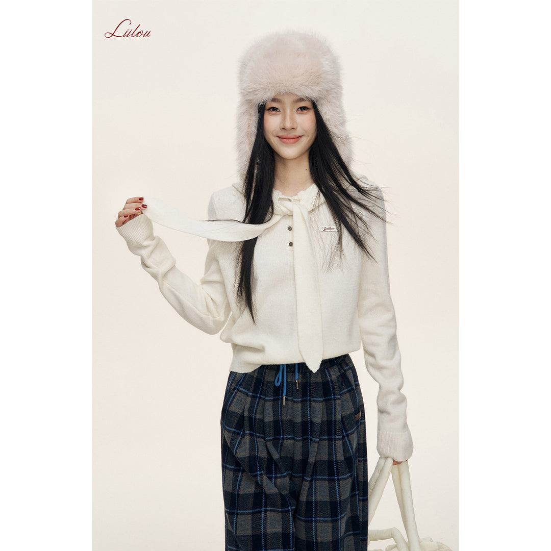 Liilou Shawl Hooded Woolen Knit Sweater White