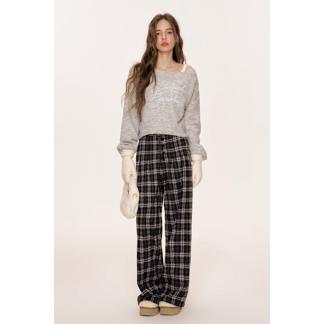 Kroche Plaid Long Breasted Wide-Leg Tweed Pants