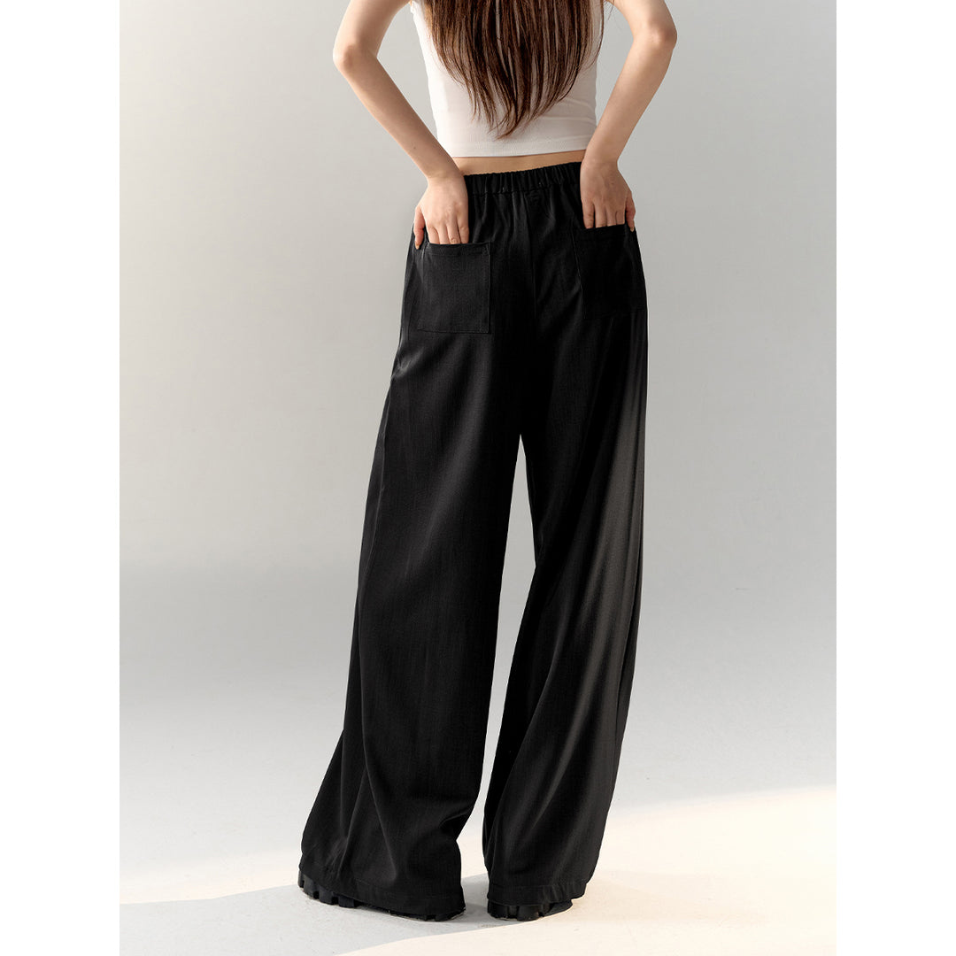 AsGony Stitching Drawstring Wide-Leg Suit Pants Black