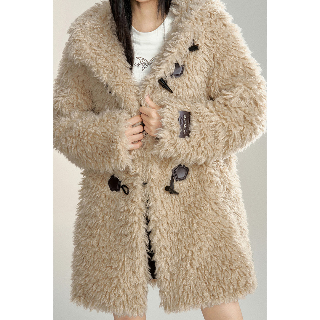 MacyMccoy Plush Hooded Loose Long Jacket Khaki