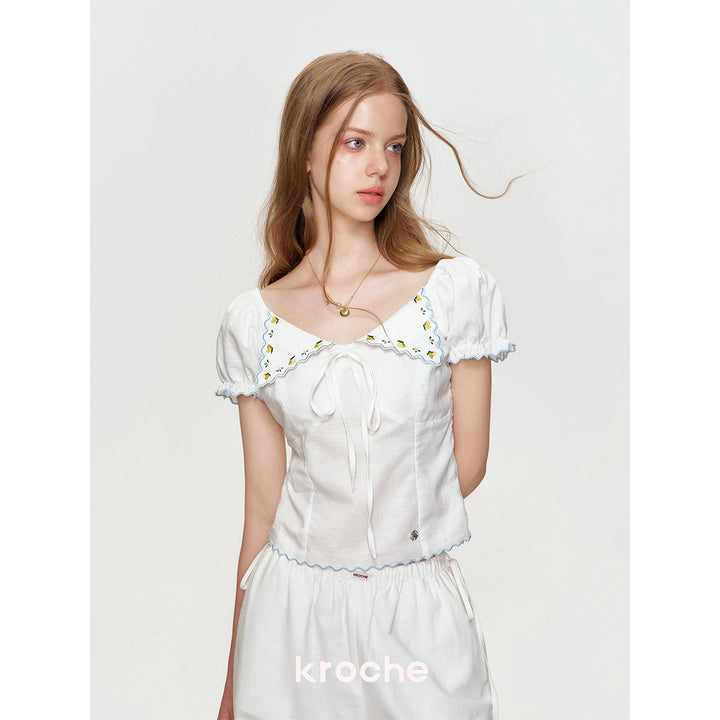 Kroche Lemon Embroidery Lace Up Shirt Top White