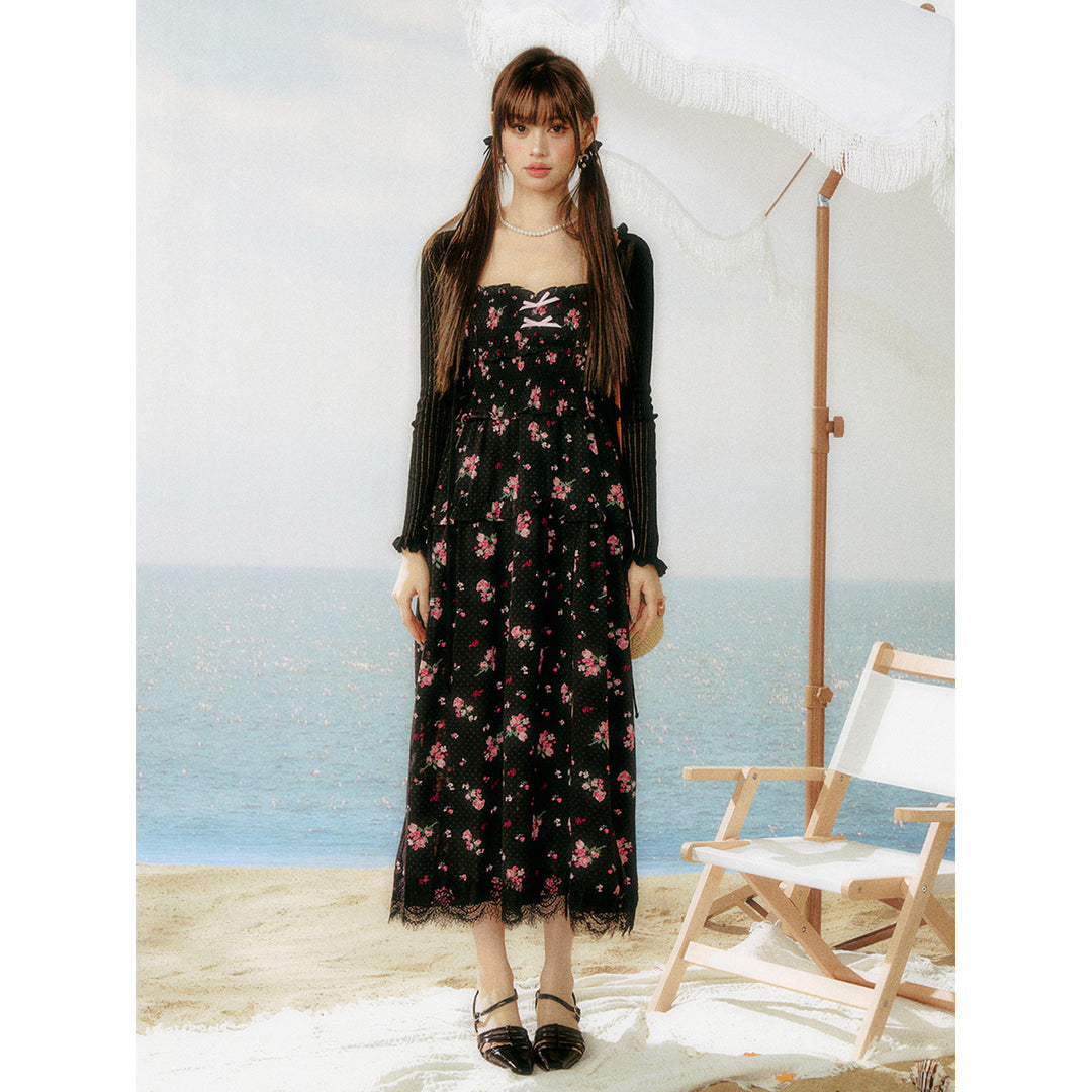 AsGony Lace Patchwork Floral Slip Long Dress Black