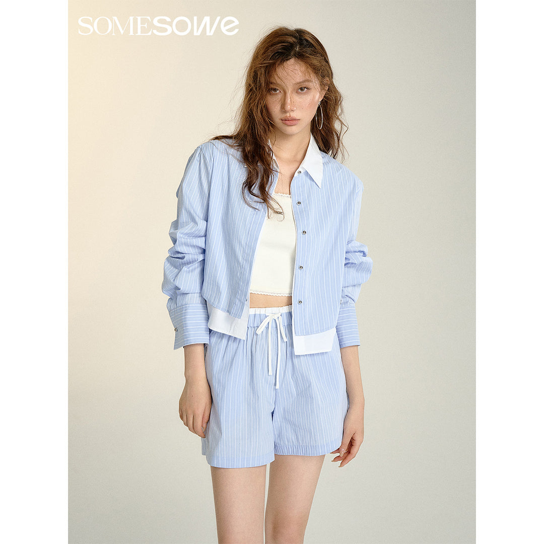 SomeSowe Folded Fake-2-Piece Striped Short Shirt