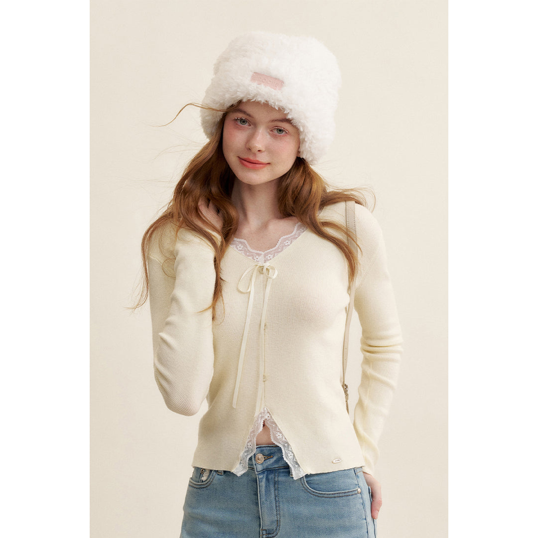 Kroche Lace Edge Bow V-Neck Knit Cardigan White