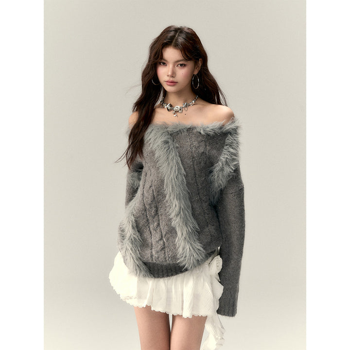 Via Pitti Off Shoulder Fur Integrated Knit Sweater Gray