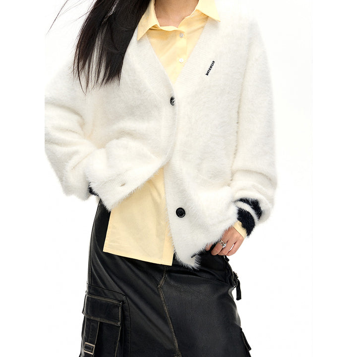 NotAwear Color Blocked Fluffy Faux Mink Cardigan White - Mores Studio