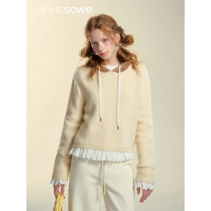 SomeSowe Hollow Out Hooded Knit Sweater Beige