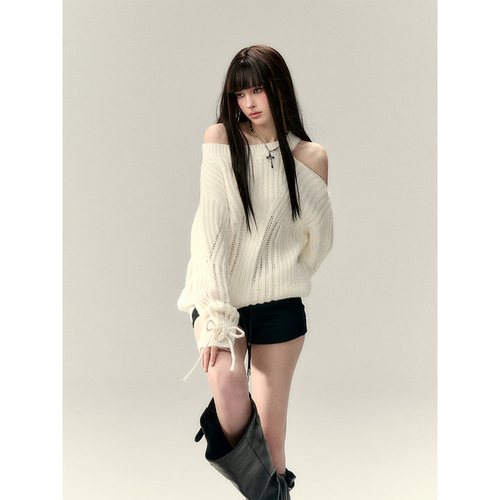 Via Pitti Rose Bow Irregular Collar Two-Way Sweater White