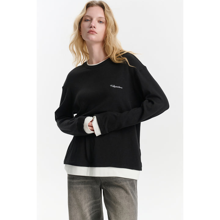 Three Quarters Fake-2-Piece Mousse Cashmere Loose Top Black