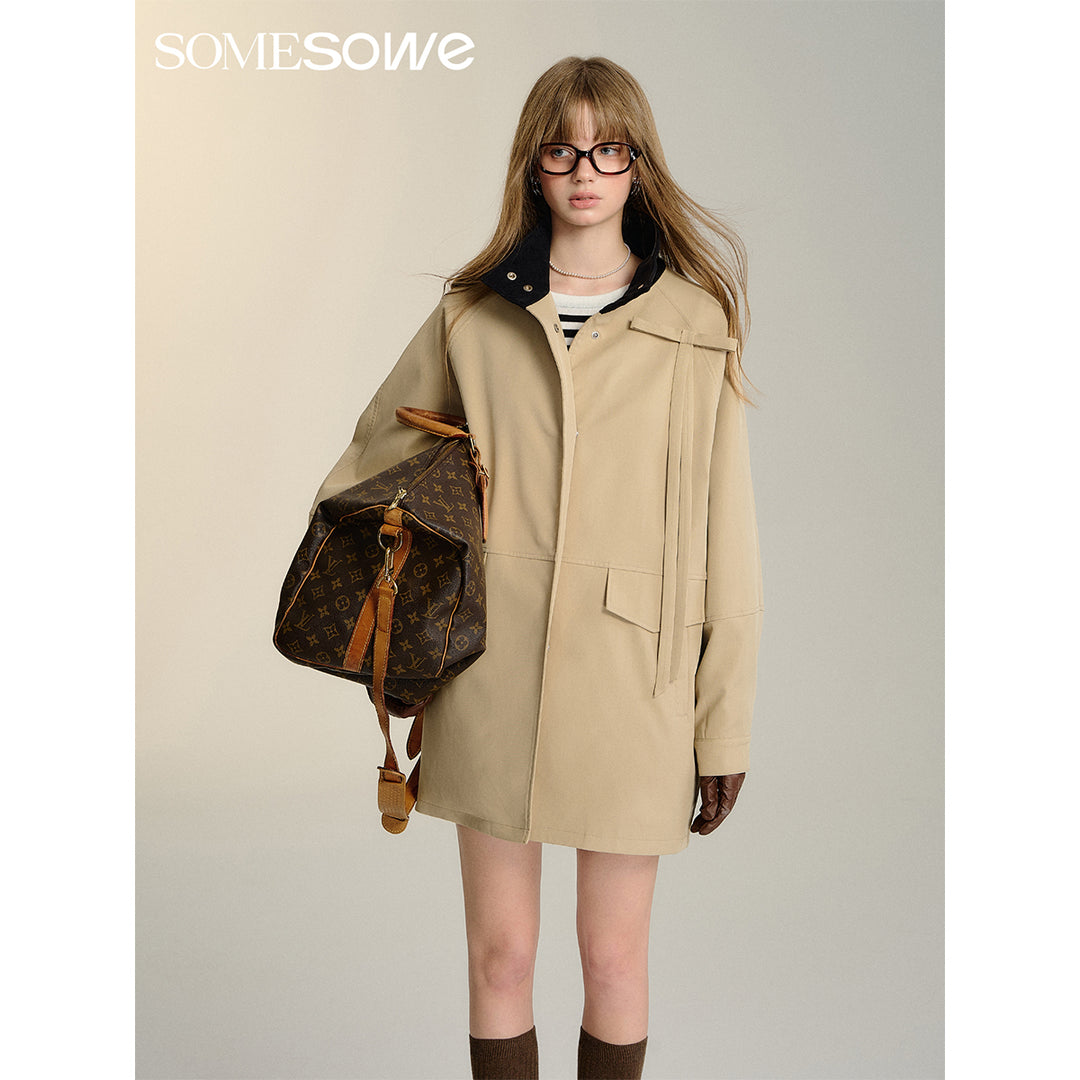 SomeSowe Detachable Big Bow Long Jacket Khaki