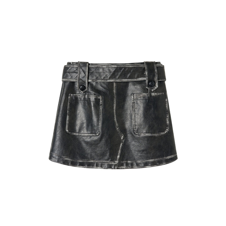 Via Pitti Distressed Heavy Washed Leather Skirt Black - Mores Studio
