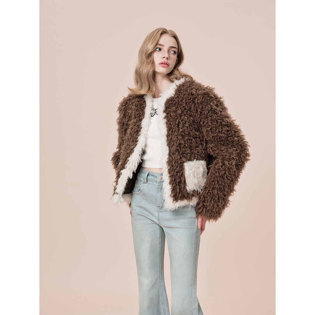 Rocha Roma Color Blocked Curly Fur Jacket Brown