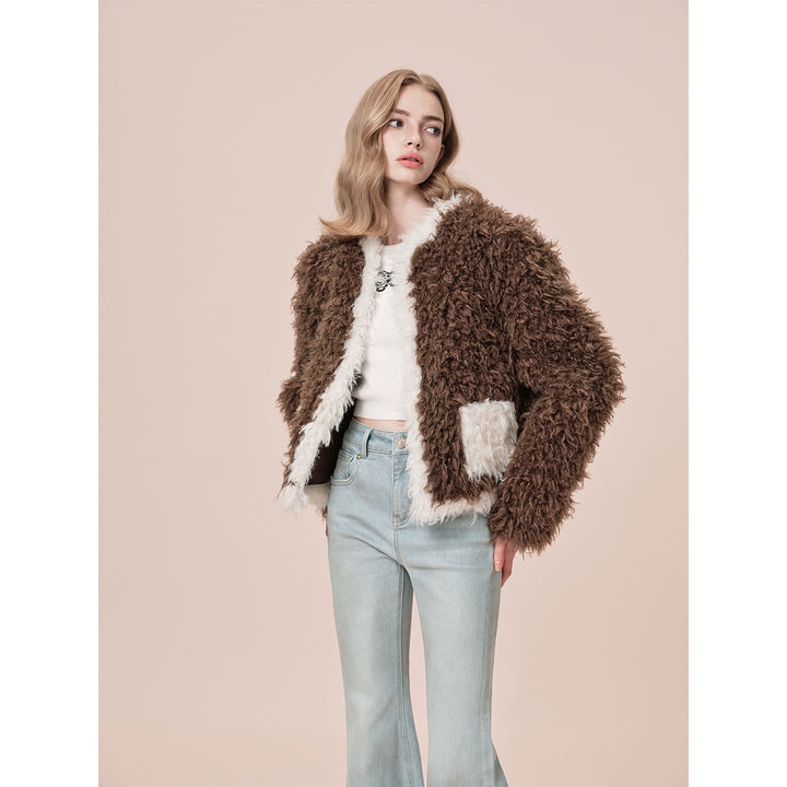 Rocha Roma Color Blocked Curly Fur Jacket Brown