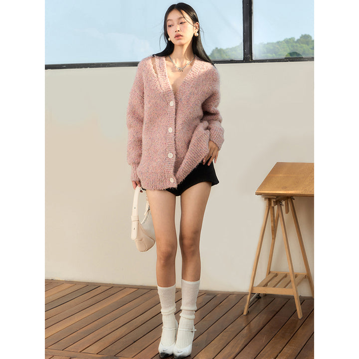 NotAwear Woolen Hollow Cutting Cardigan Pink - Mores Studio