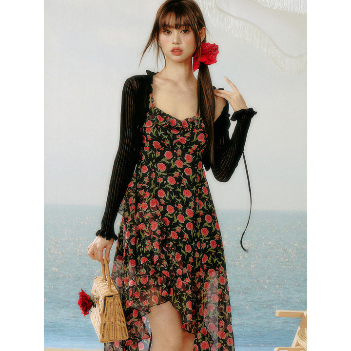 AsGony Printed Rose Floral Irregular Slip Dress Black