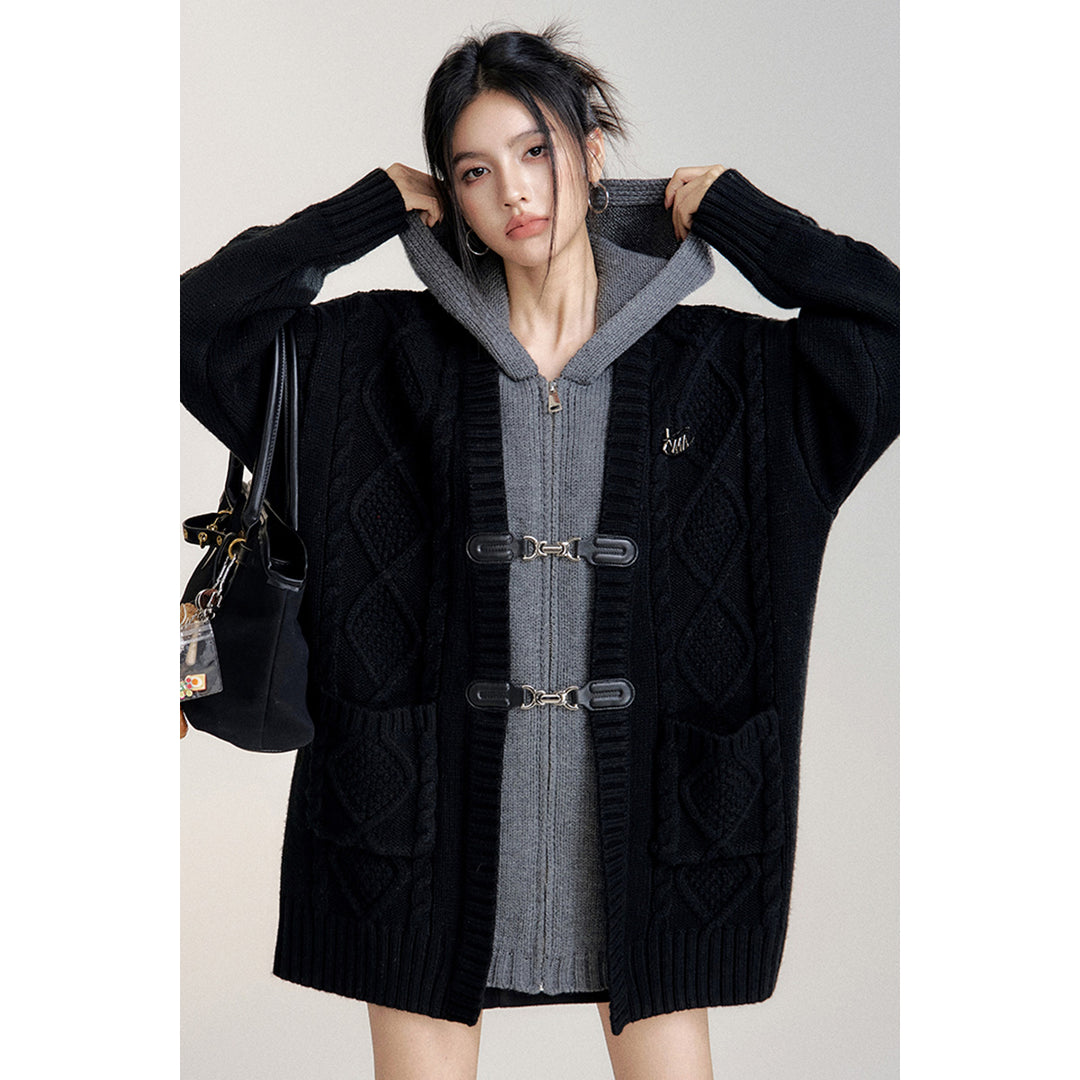 MacyMccoy Fake-2-Piece Hooded Silhouette Knit Cardigan Black