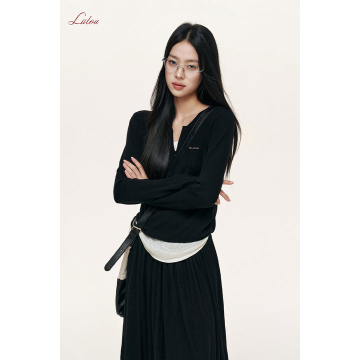 Liilou Fake-2-Piece V-Neck Woolen Knit Top Black