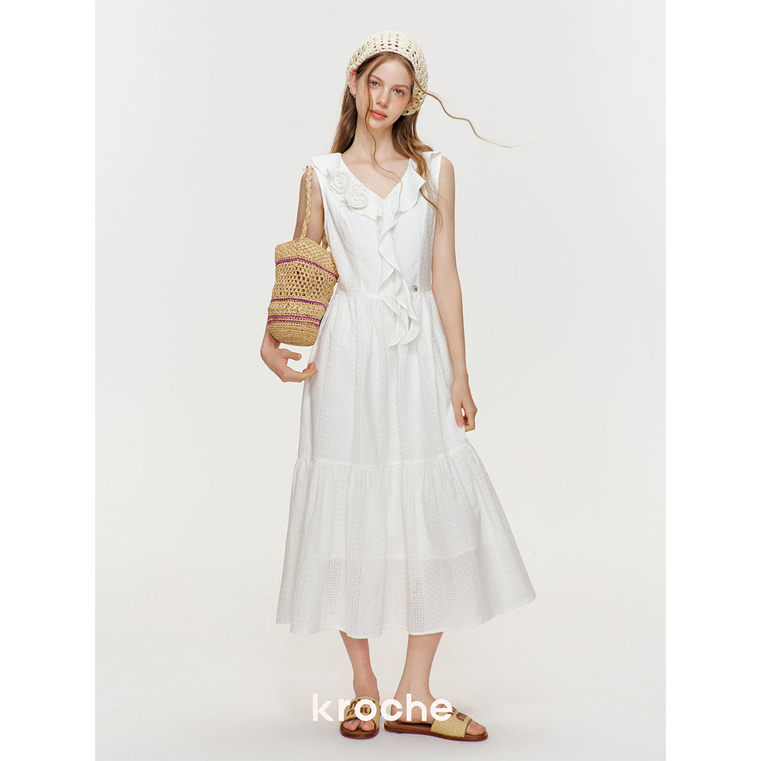 Kroche Ruffled Rose Pin Hollow Out Lace Dress White