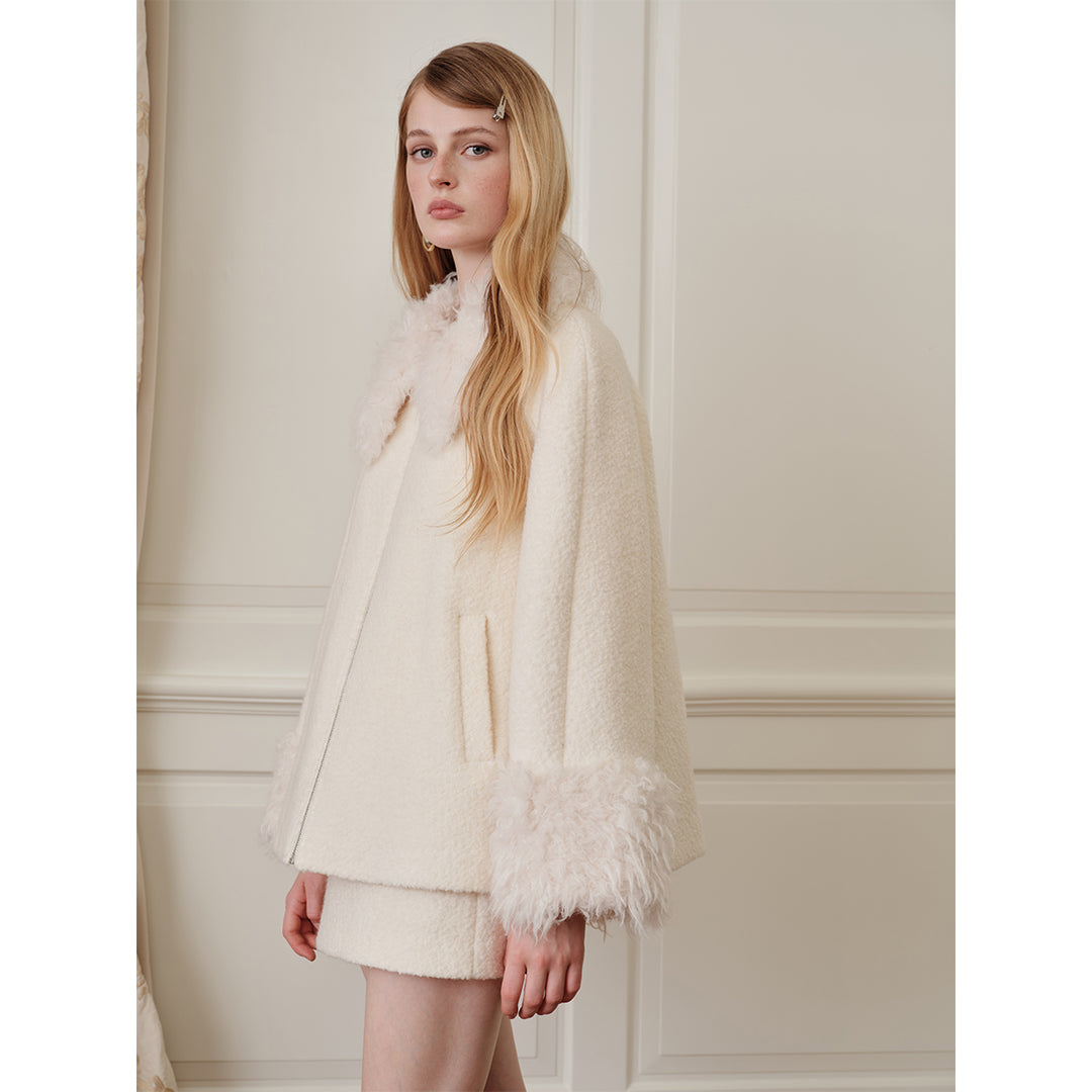 Rocha Roma Fluffy Patchwork Tweed Woolen Jacket White