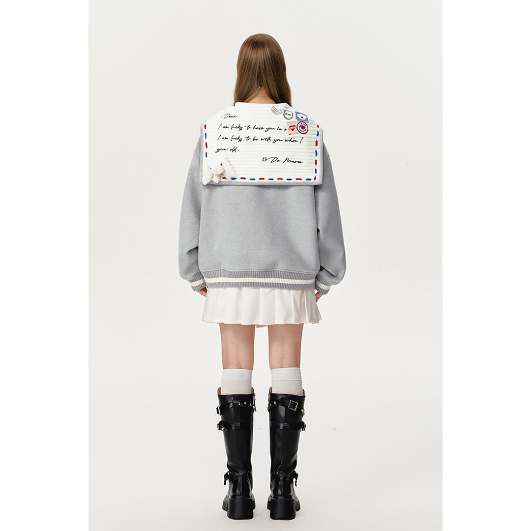 13De Marzo Sailor Collar Love Letter Baseball Jacket Grey