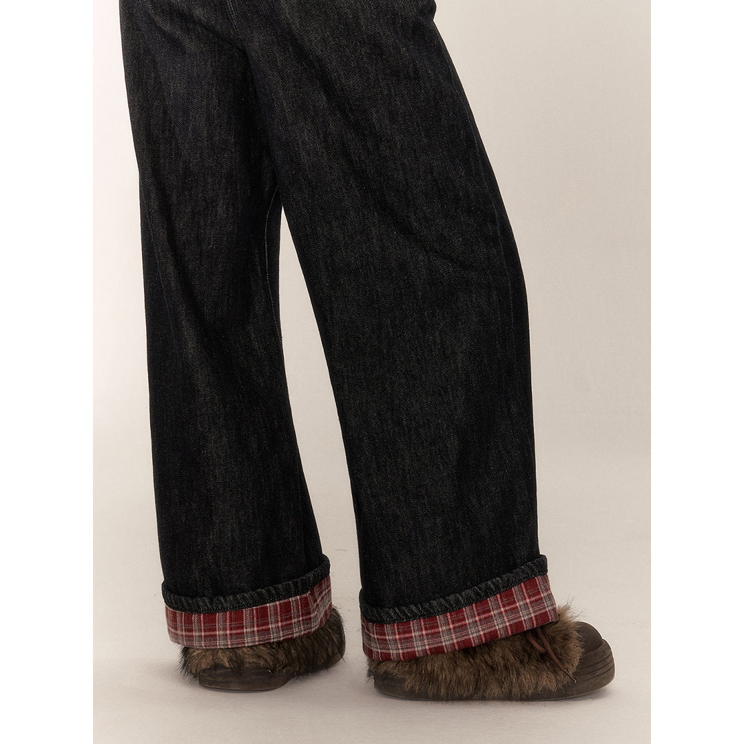 AsGony Retro Brushed Plaid Turn Over Edge Wide-Leg Jeans