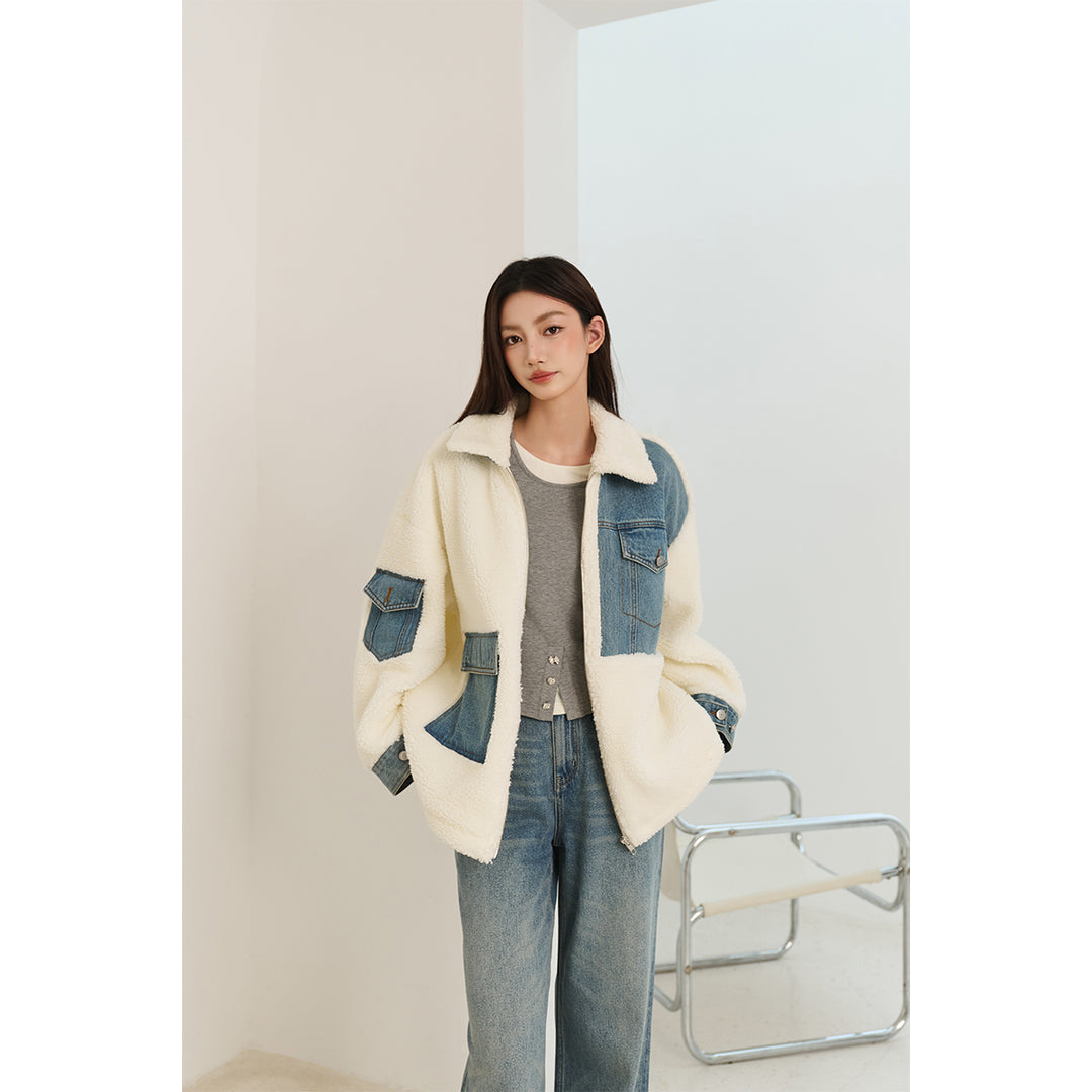 Three Quarters Denim Patchwork Wool Coat Blue