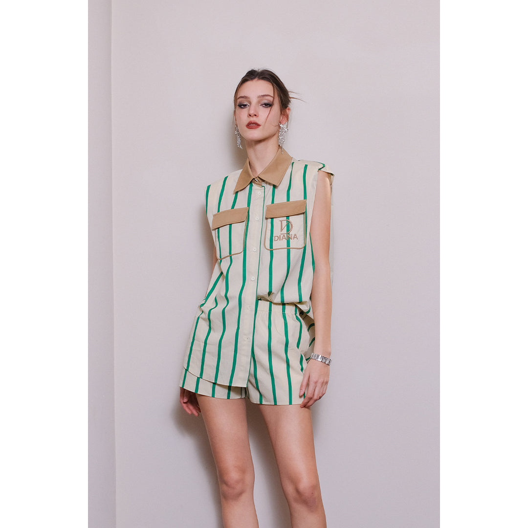Diana Vevina Color Blocked Striped Shorts Green