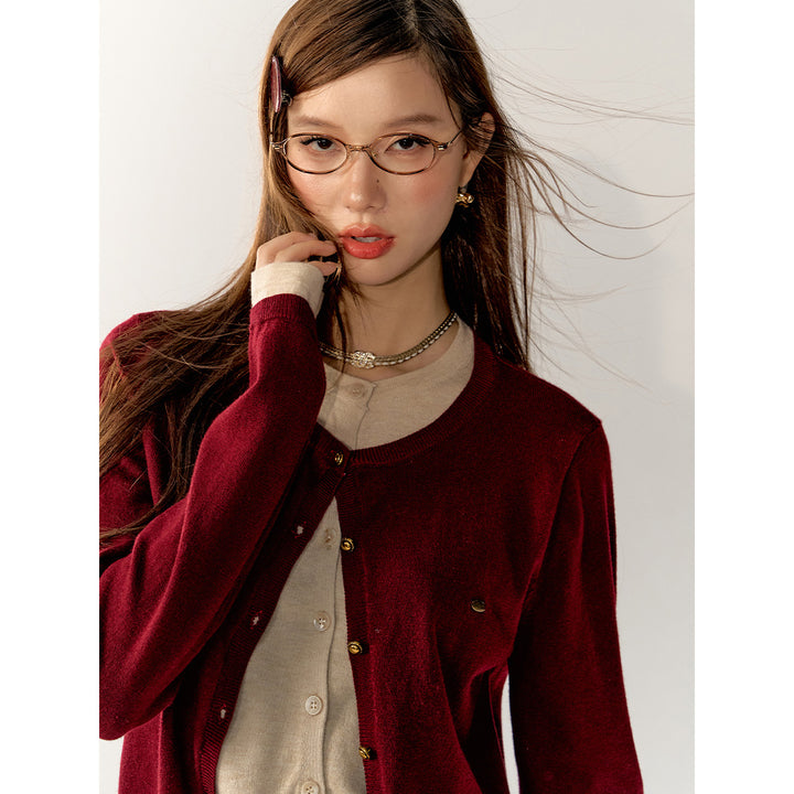 AsGony Contrast Color Fake-2-Piece Knit Cardigan Red