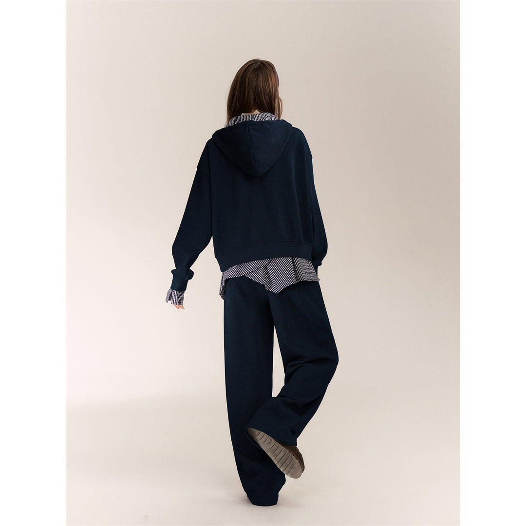 AsGony Fake-2-Piece Plaid Patchwork Casual Sweat Pants Navy Blue