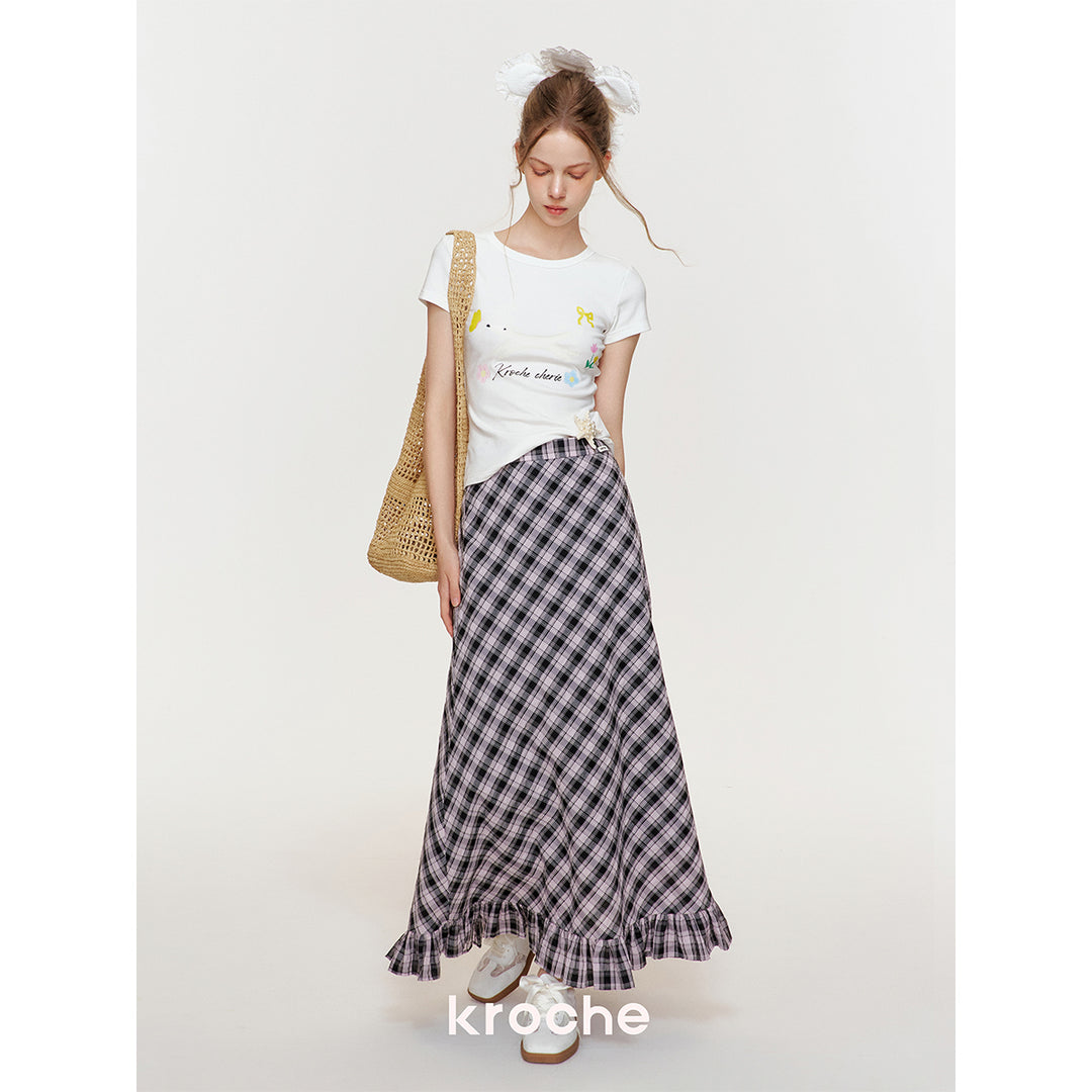 Kroche Wrinkle Hem High Waist Plaid Long Skirt