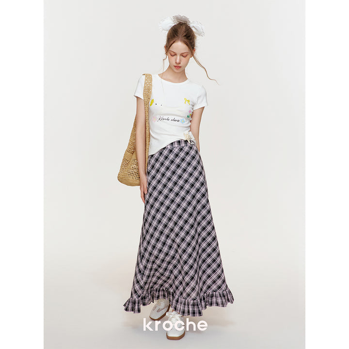 Kroche Wrinkle Hem High Waist Plaid Long Skirt