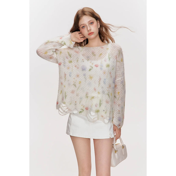 Kroche Hand-Drawn Floral Mohair Destroyed Knit Top