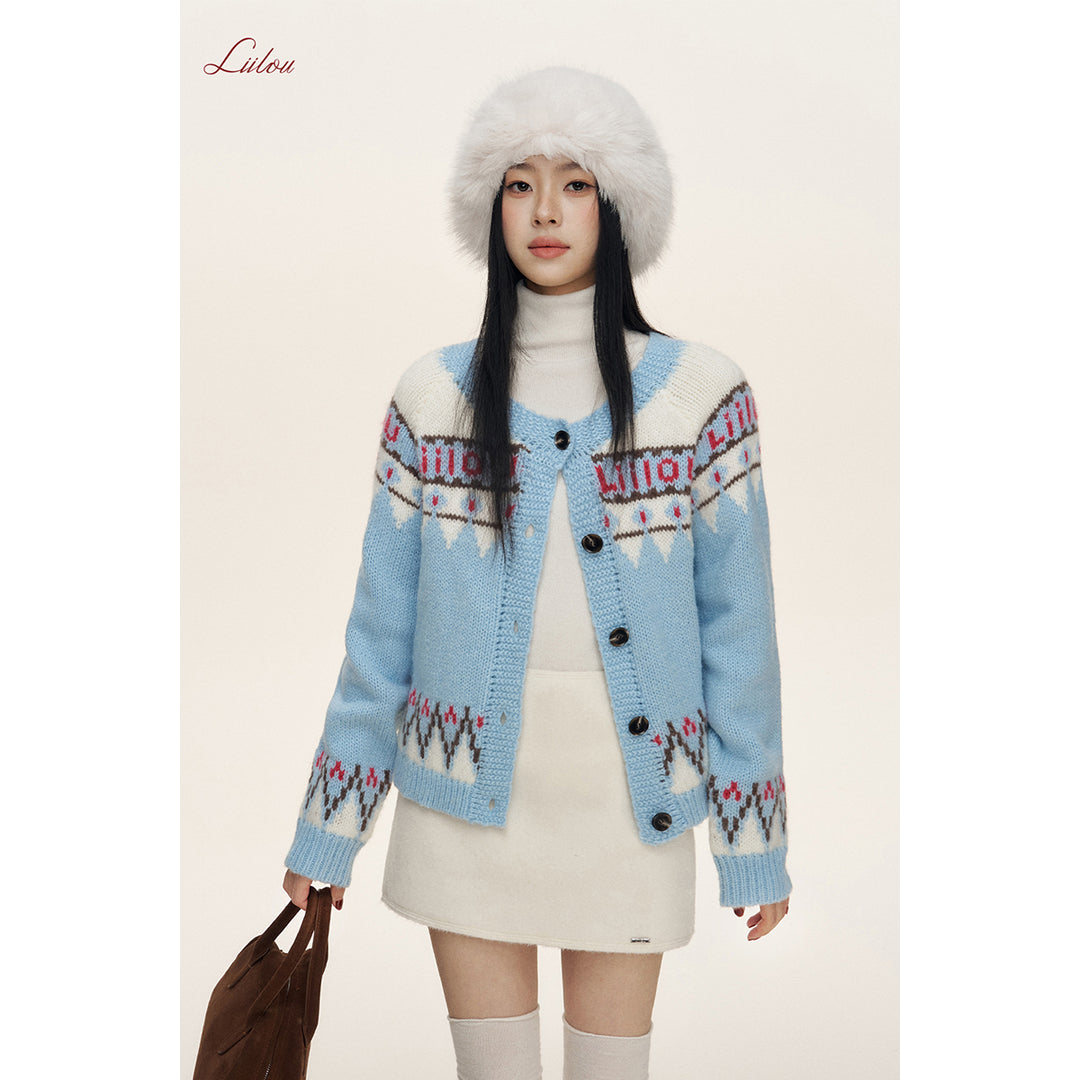 Liilou Fair Isle Jacquard Woolen Knit Cardigan Blue