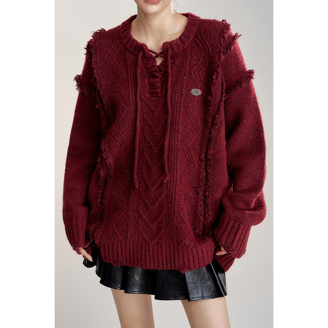 MacyMccoy Lace-Up Raw Edge Silhouette Sweater Red