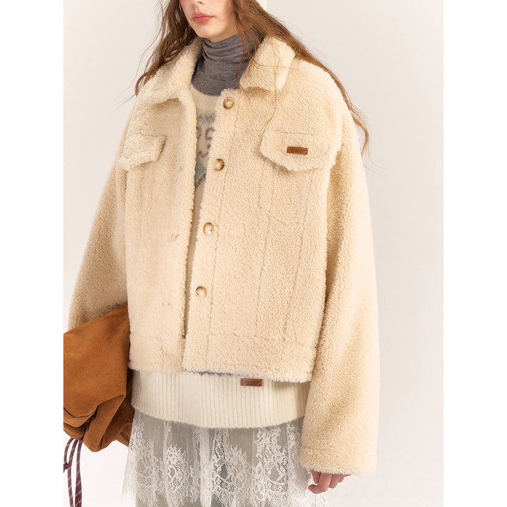 AsGony Casual Lapel Woolen Fleece Jacket Beige