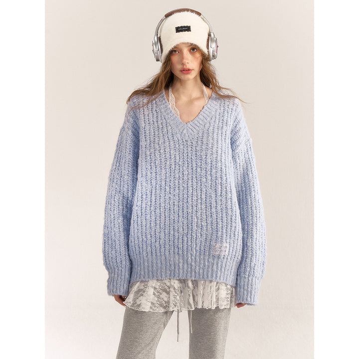 AsGony Blended Woolen V-Neck Knit Sweater Blue